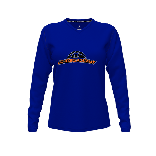 [CUS-DFW-TEES-CMF-VNK-LSL-RYL-FYXS-LOGO1] Decker Comfort T-Shirt (Female Youth XS, Royal, V Neck, Logo 1, Long Sleeve)