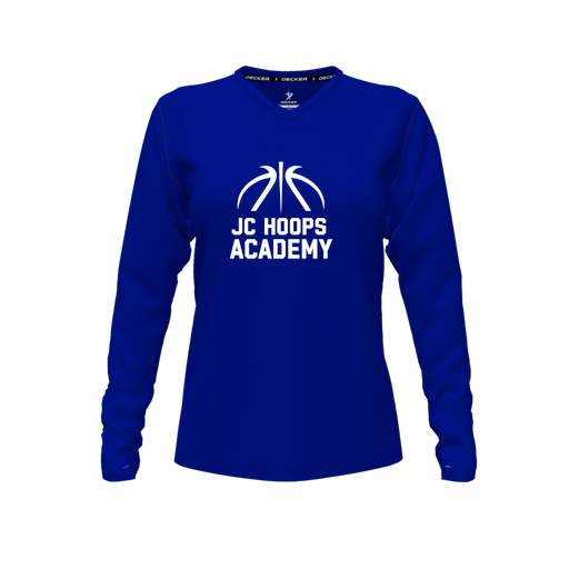 [CUS-DFW-TEES-CMF-VNK-LSL-RYL-FYXS-LOGO2] Decker Comfort T-Shirt (Female Youth XS, Royal, V Neck, Logo 2, Long Sleeve)